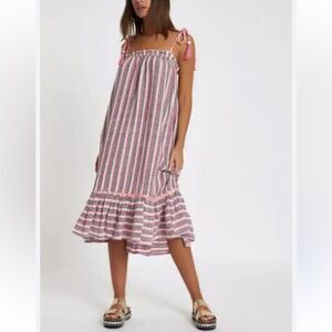 River Island Resort Cotton Gauze Beach Cover Up in White Maroon Pink - Size S